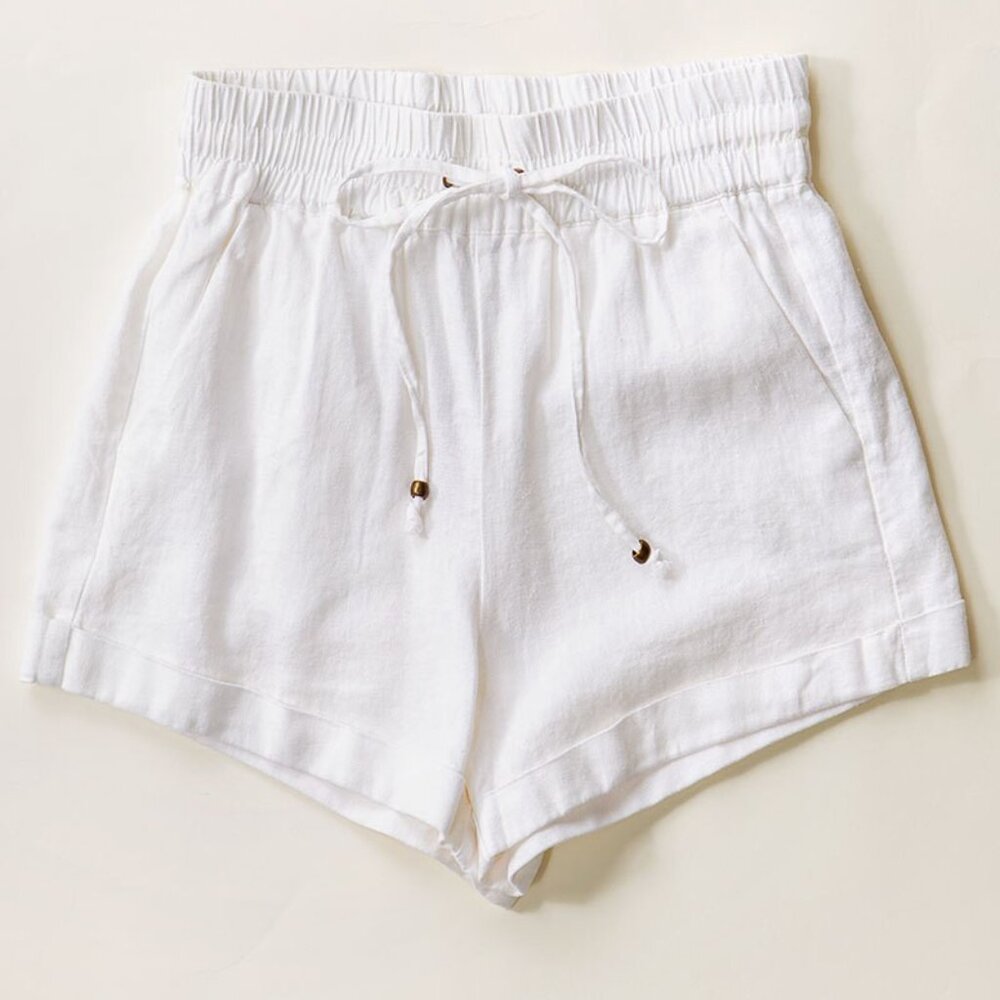 White Linen Waistband Shorts with String Tie